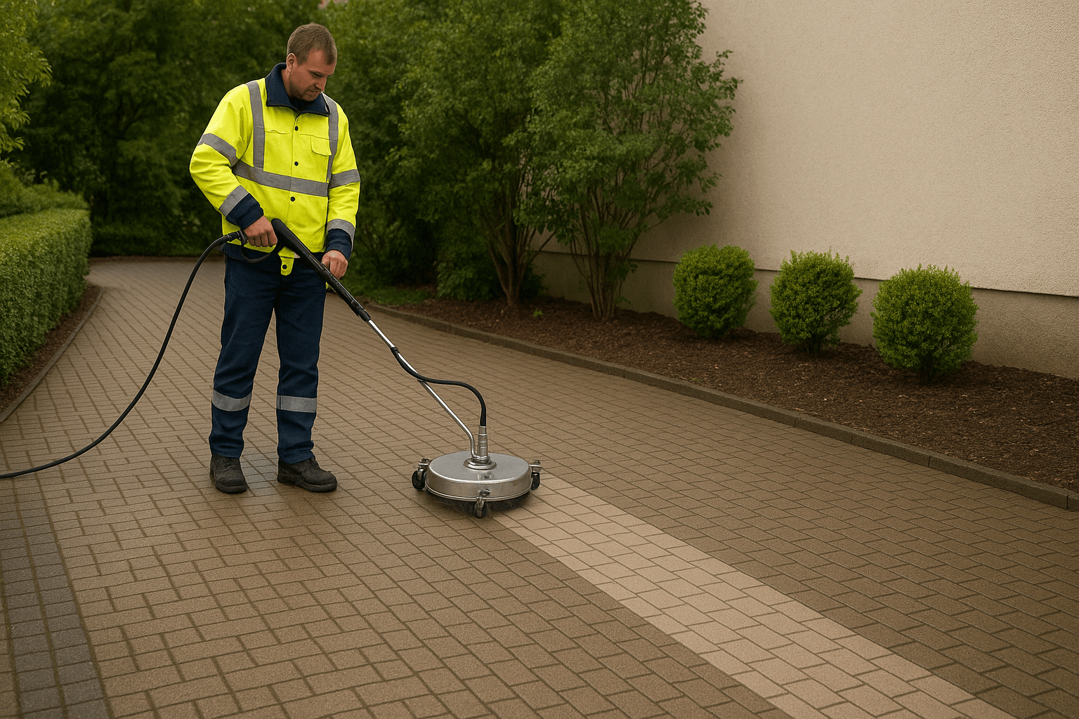 Hochdruckreiniger im Einsatz auf Steinfläche