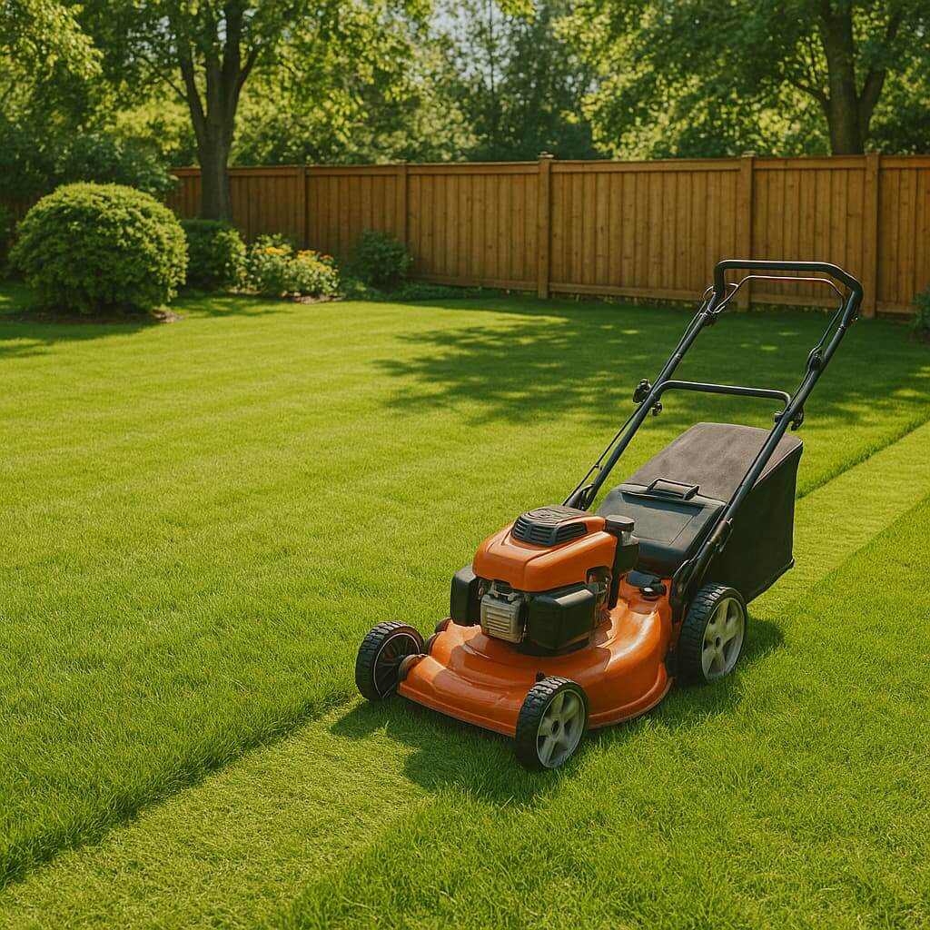Rasenmäher bei Gartenpflege